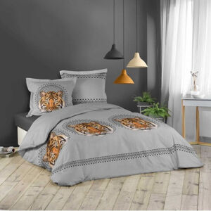 Bavlněné povlečení na postel šedé barvy s tygrem ječení 200 x 200 cm