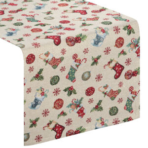 Béžová štóla na stůl s tkaným vánočním vzorem