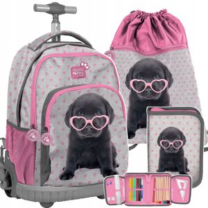 Dívčí růžová školní taška na kolečkách v trojsadě s motivem psa