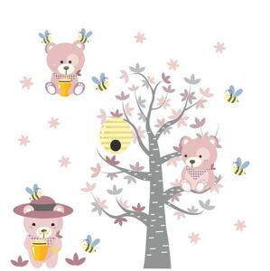 Krásna detská nálepka na stenu ružové medvedíky a včielky