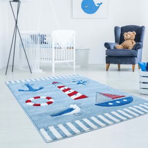 Kvalitní modrý dětský koberec pro chlapce s námořnickým motivem