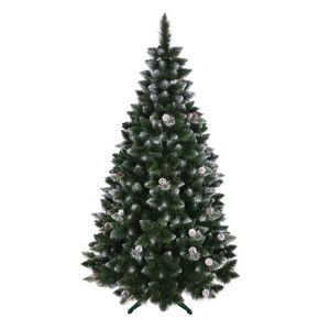 Luxusní a pohádková zasněžená vánoční borovice s dekoraci šišek 220 cm