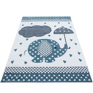 Moderní modrý koberec do dětského pokoje sloník štěstí