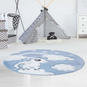 Pohádkový modrý dětský kulatý koberec jednorožec
