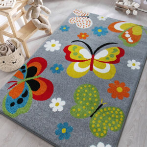 Šedý koberec do dětského pokoje s motýlky