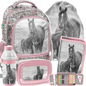 Školní růžová pětidílná květinová taška pro milovnici koní