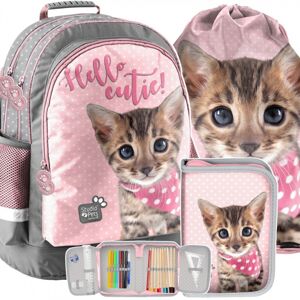 Školní taška s penálem a kapsou s motivem kočky