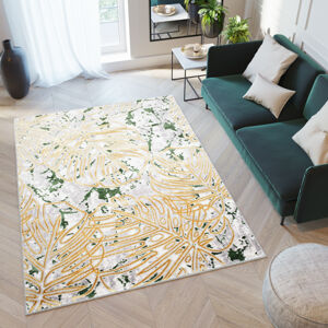 Trendy krémově zelený koberec se zlatým listovým vzorem