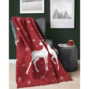 Vánoční deka červená s jelenem a střapci