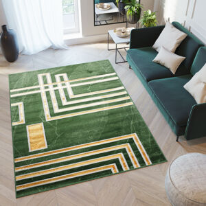 Zajímavý moderní zelený koberec se zlatým vzorem